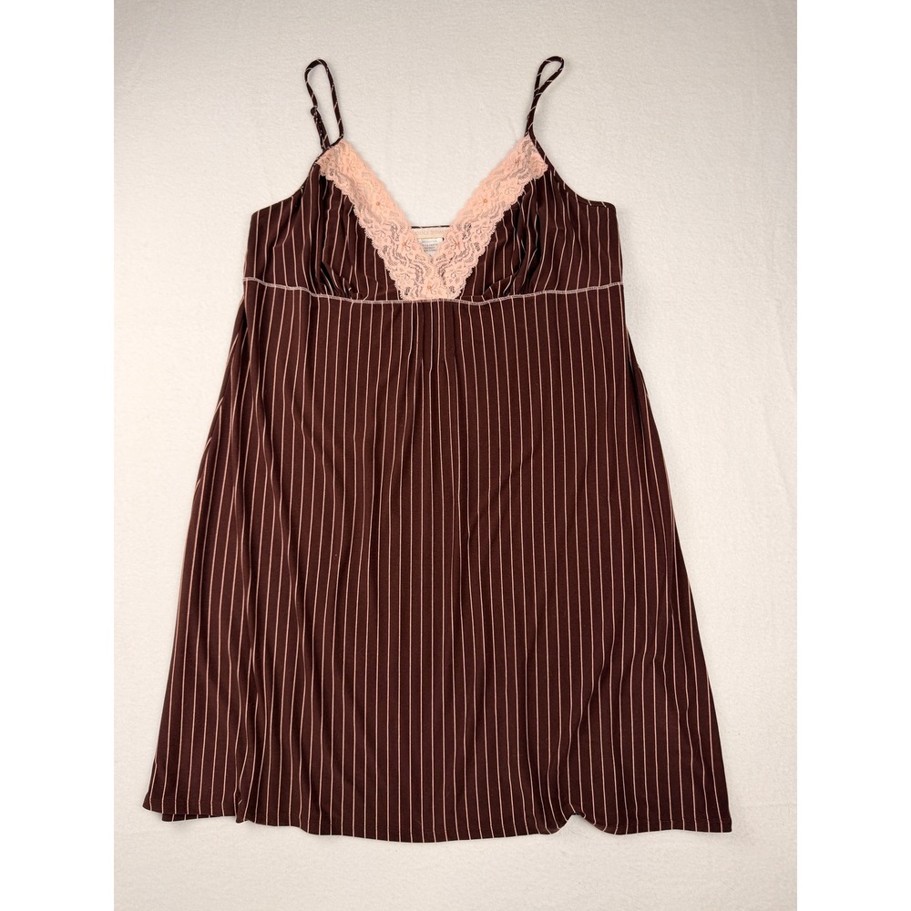 Vtg Y2K California Dynasty Brown Pink Pinstripe Lace Chemise Nightgown L Grunge